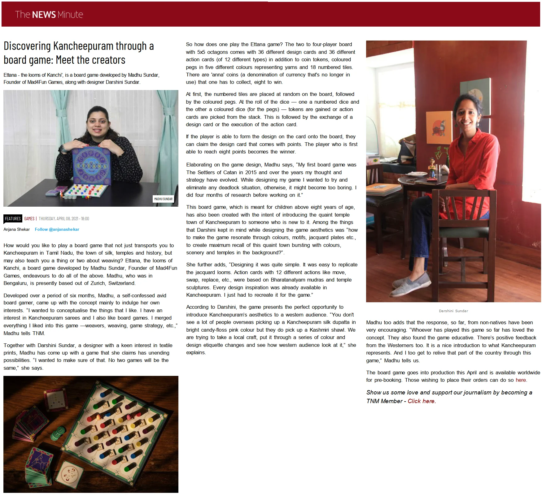 The News Minute press clipping: Discovering Kancheepuram through a board game: Meet the creators